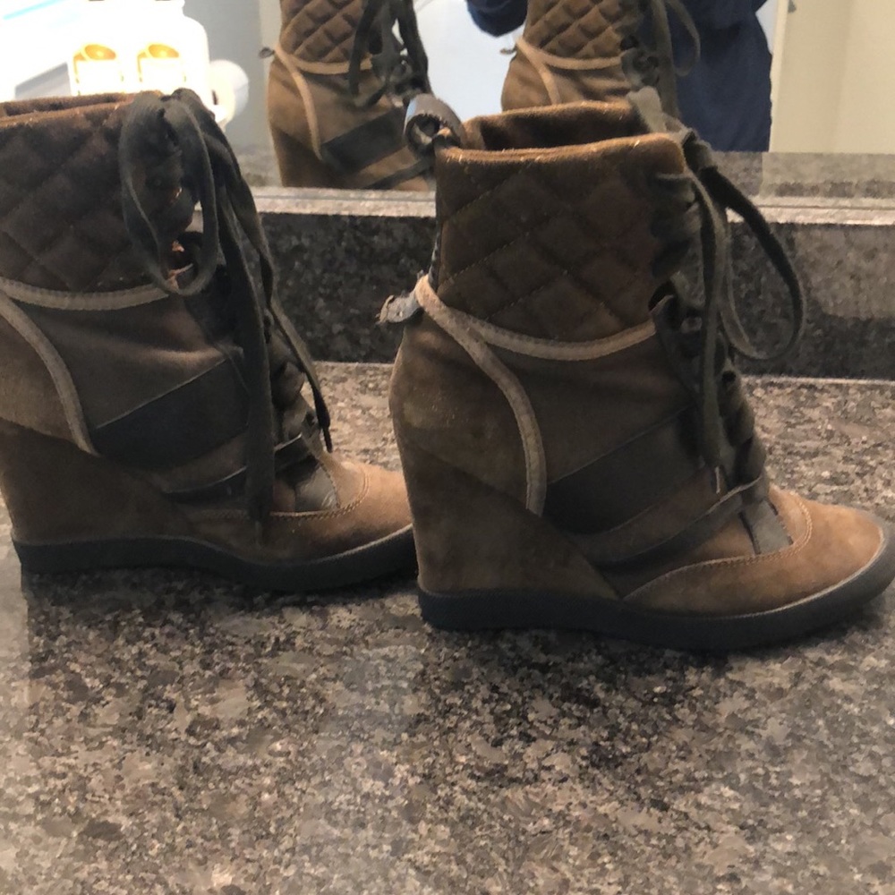 Chloe olive green suede wedge booties